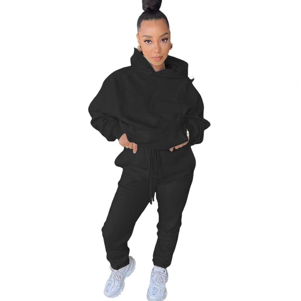 Autumn Winter 2Pcs Set Women Tracksuit Fleece Long Sleeve Pullover Warm Top Hoodie+Jogger Pants Solid Outfit Sport Suit Sets