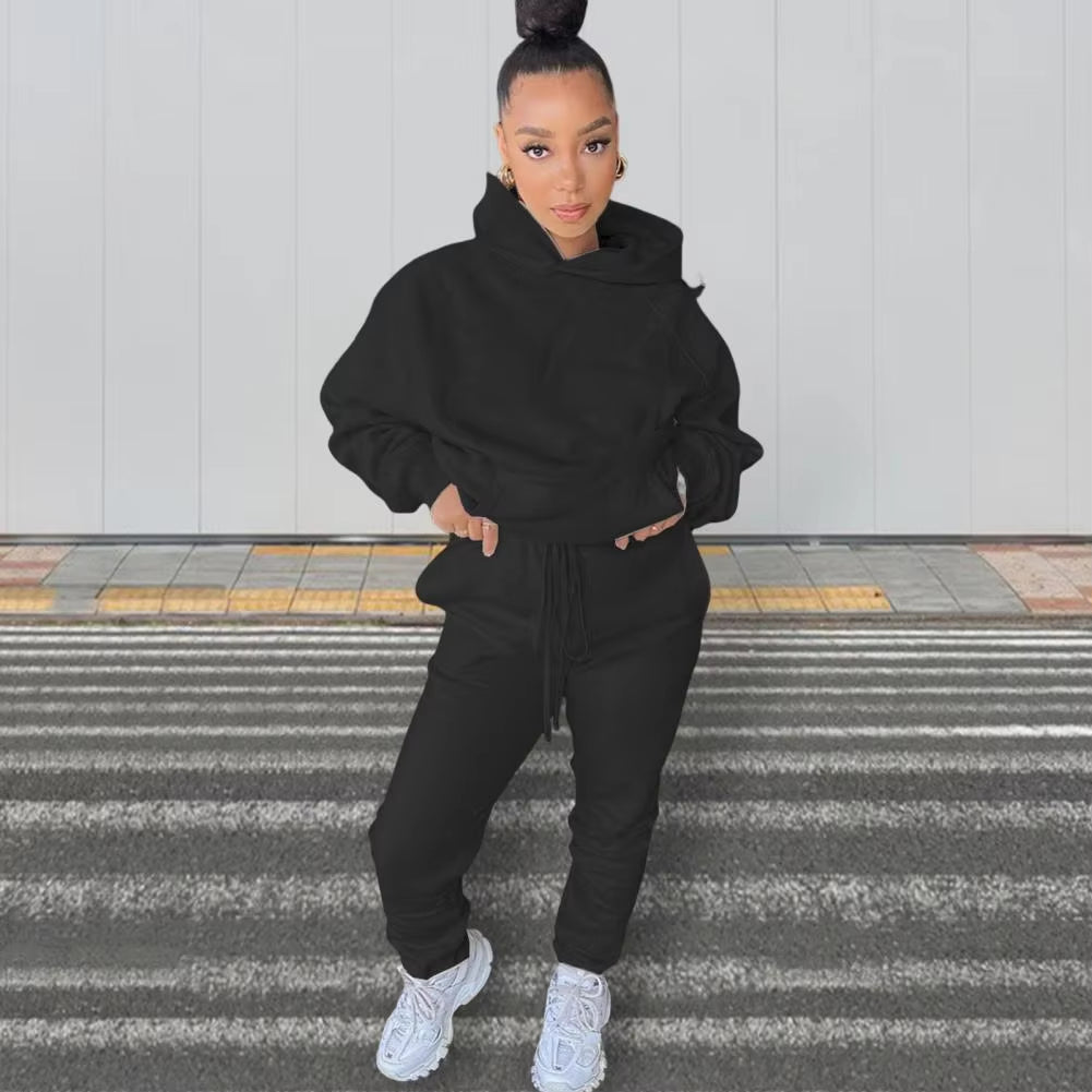 Autumn Winter 2Pcs Set Women Tracksuit Fleece Long Sleeve Pullover Warm Top Hoodie+Jogger Pants Solid Outfit Sport Suit Sets