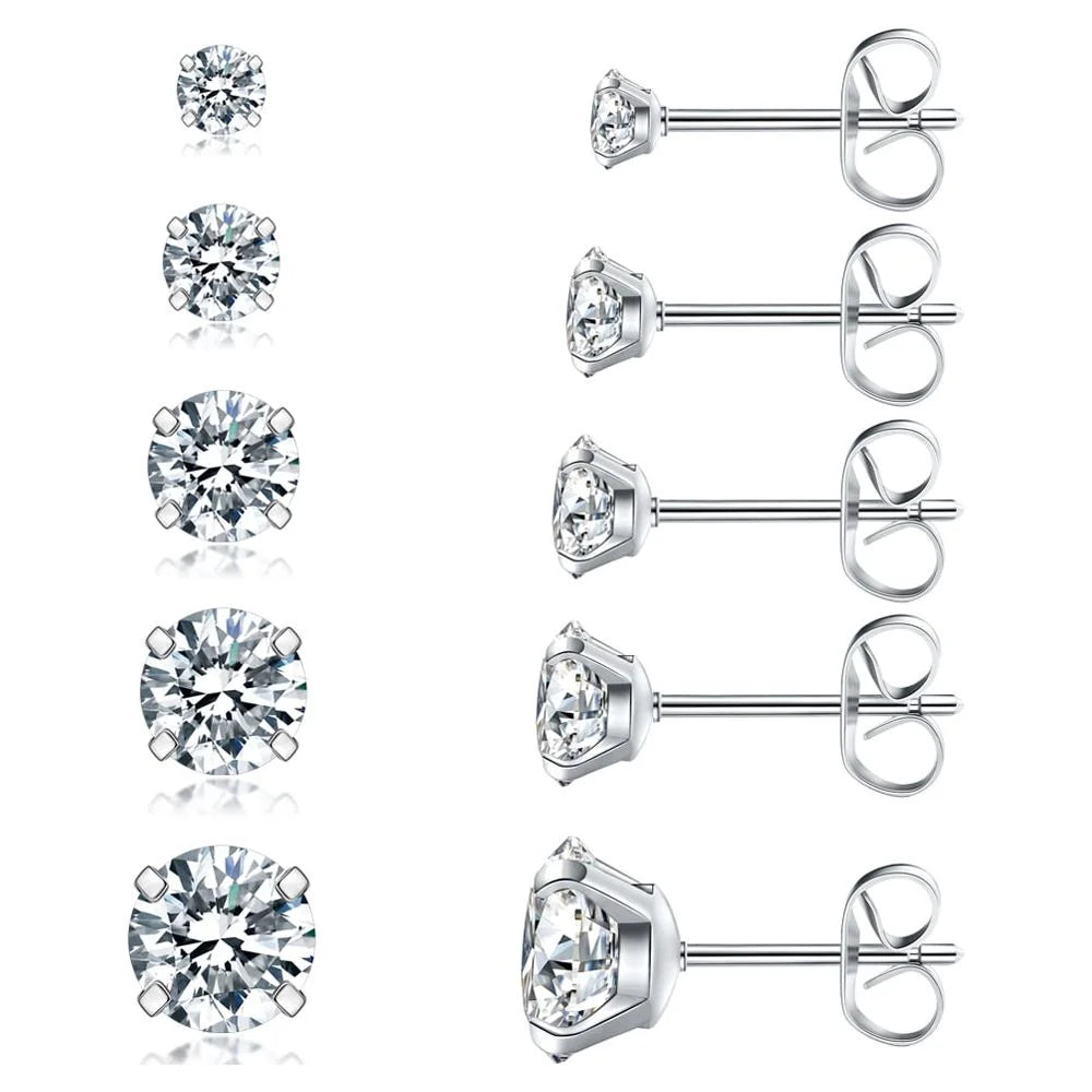 5 Pairs Stud Earrings Hypoallergenic Surgical Steel Cubic Zirconia Earrings