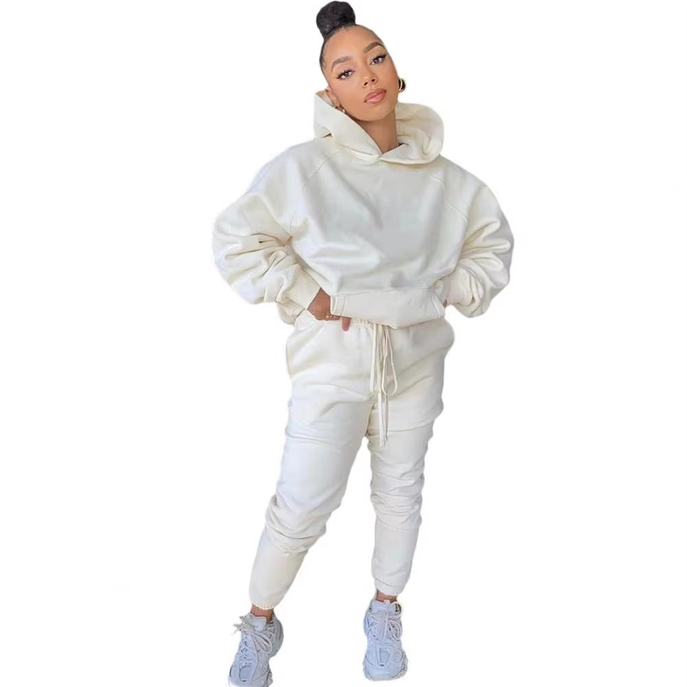 Autumn Winter 2Pcs Set Women Tracksuit Fleece Long Sleeve Pullover Warm Top Hoodie+Jogger Pants Solid Outfit Sport Suit Sets