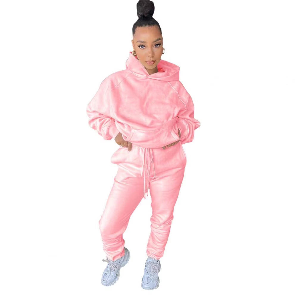 Autumn Winter 2Pcs Set Women Tracksuit Fleece Long Sleeve Pullover Warm Top Hoodie+Jogger Pants Solid Outfit Sport Suit Sets