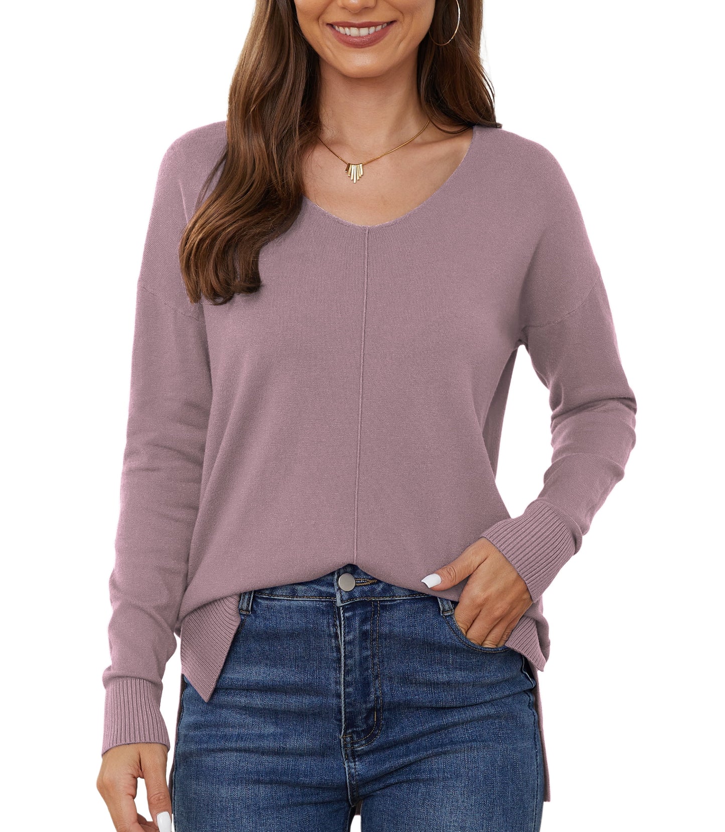 V Neck Sweaters for Women Fall Lightweight Knit Pullover Sweater Blouse,Us Size Xx-Large in Purple Gray