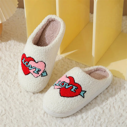 Cute Valentine'S Day Slippers for Women Soft Plush Comfy Warm Slip-On Rose Heart Love Couple Slippers Fo Women Indoor Fluffy House Slippers for Women and Men Non-Slip Fuzzy Flat Slides