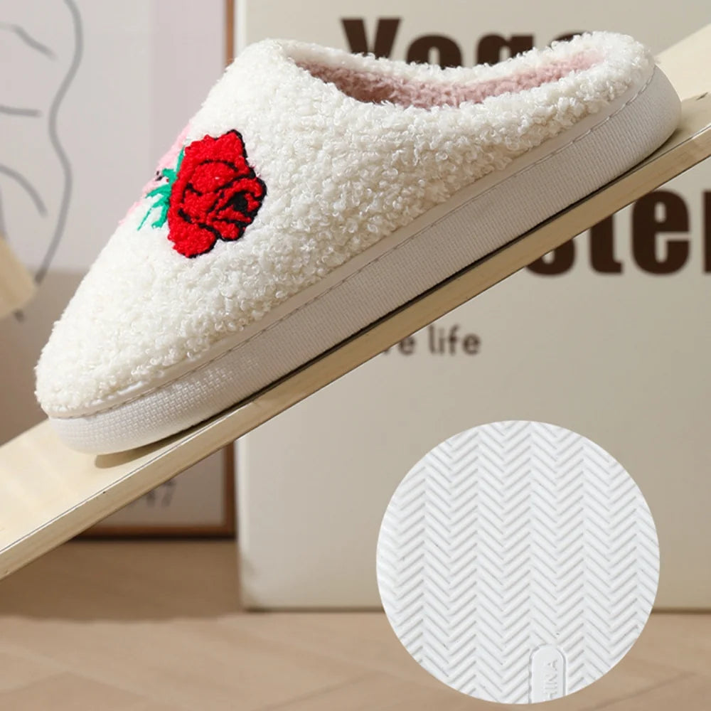 Cute Valentine'S Day Slippers for Women Soft Plush Comfy Warm Slip-On Rose Heart Love Couple Slippers Fo Women Indoor Fluffy House Slippers for Women and Men Non-Slip Fuzzy Flat Slides