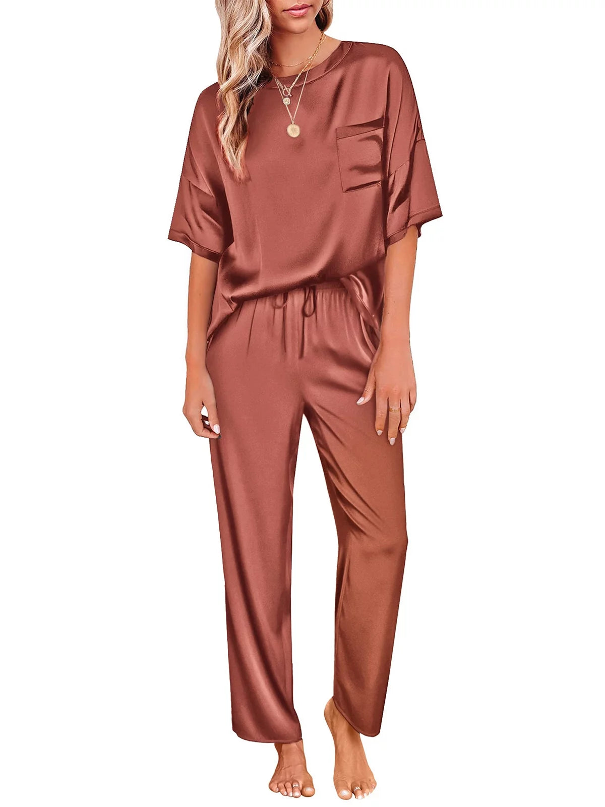 Womens Silk Satin Pajama Set Short Sleeve Shirt with Long Pajama Pant Set Two-Piece Pj Sets Soft Sleepwear Loungewear Nightwear Pjs S-XL, Caramel, XXL