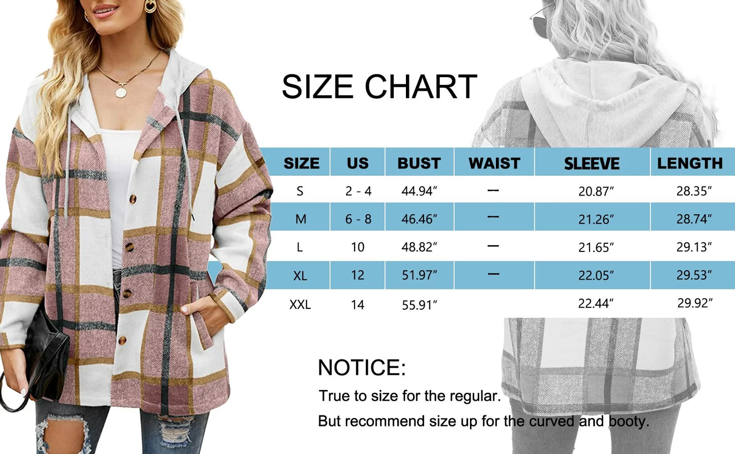 Flannel Shirts for Women Button down Plaid Shirt Hooded Shacket Jacket with Pocket