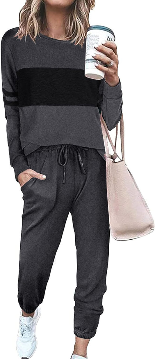 Women'S Color Block 2 Piece Tracksuit Crewneck Long Sleeve Tops Long Sweatpants Outfits Lounge Sets