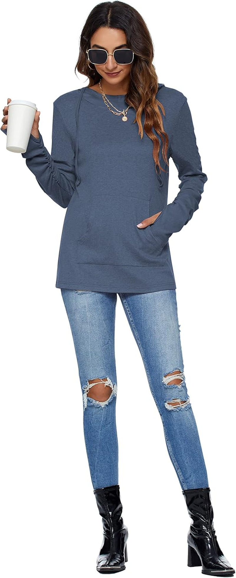 Long Sleeve Drawstrings Hoddie Sweatshirt with Thumb Holes Hoodie for Women