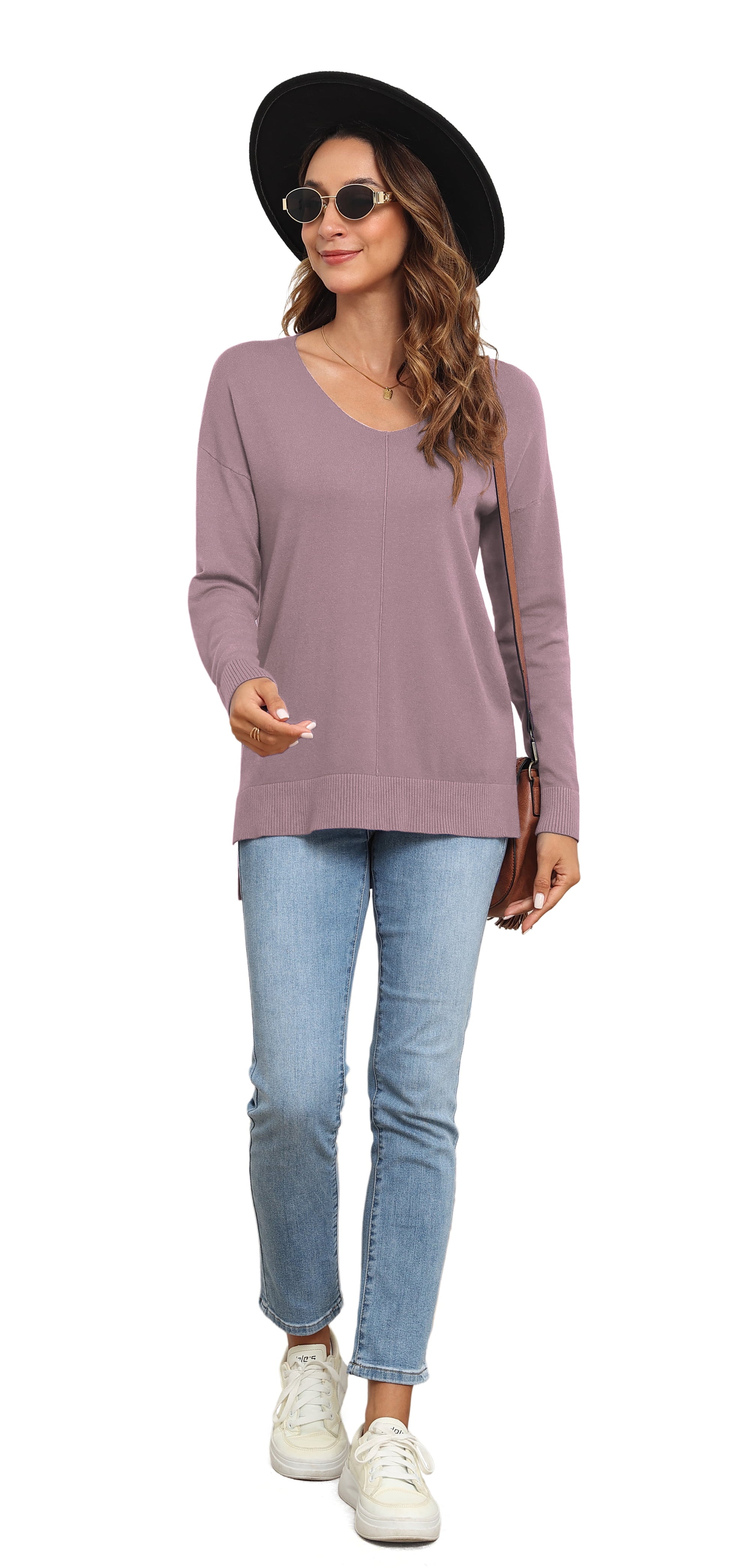 V Neck Sweaters for Women Fall Lightweight Knit Pullover Sweater Blouse,Us Size Xx-Large in Purple Gray