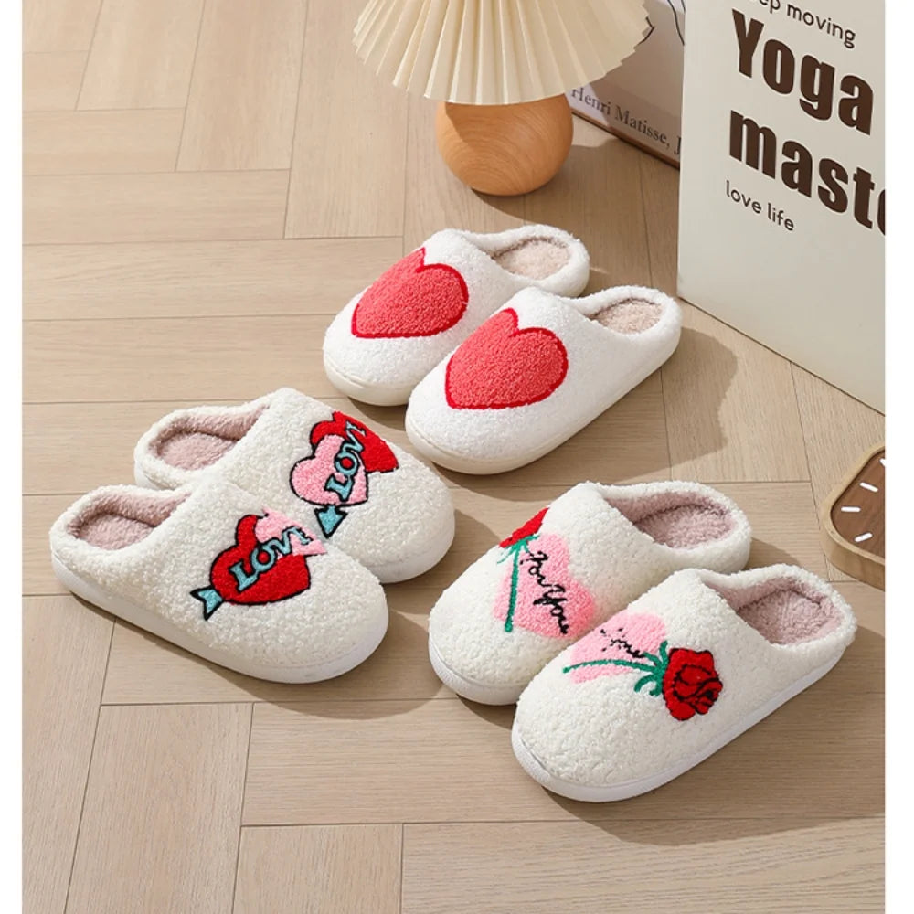 Cute Valentine'S Day Slippers for Women Soft Plush Comfy Warm Slip-On Rose Heart Love Couple Slippers Fo Women Indoor Fluffy House Slippers for Women and Men Non-Slip Fuzzy Flat Slides