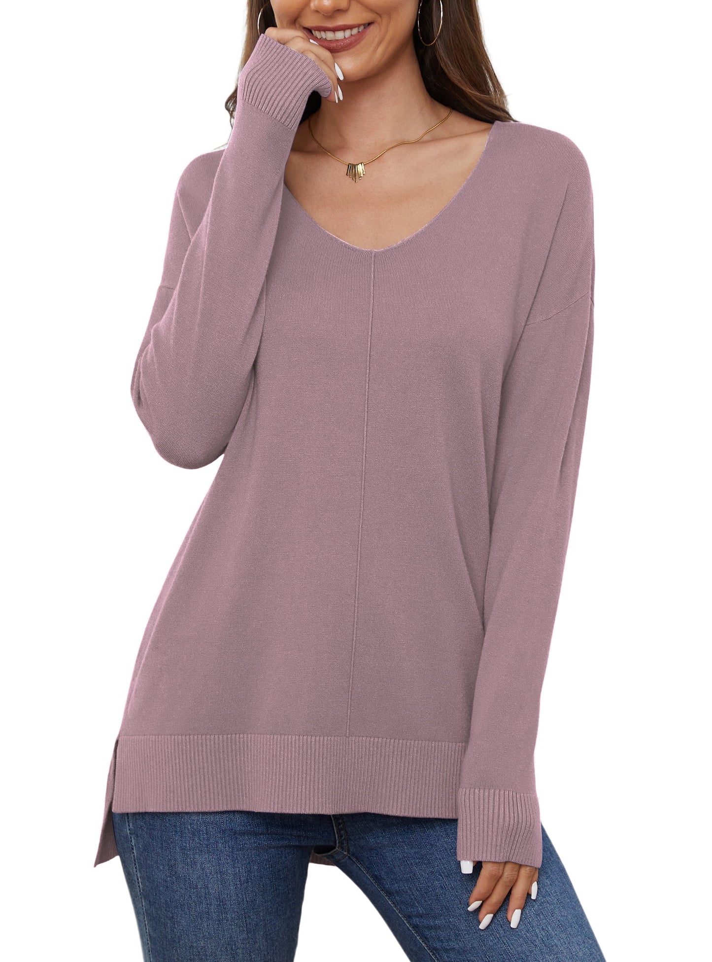 V Neck Sweaters for Women Fall Lightweight Knit Pullover Sweater Blouse,Us Size Xx-Large in Purple Gray