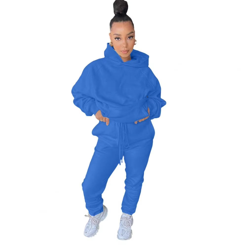 Autumn Winter 2Pcs Set Women Tracksuit Fleece Long Sleeve Pullover Warm Top Hoodie+Jogger Pants Solid Outfit Sport Suit Sets