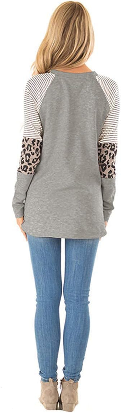 2022 Women'S Leopard Print Color Block Tunic round Neck Long Sleeve Shirts Striped Causal Blouses Tops