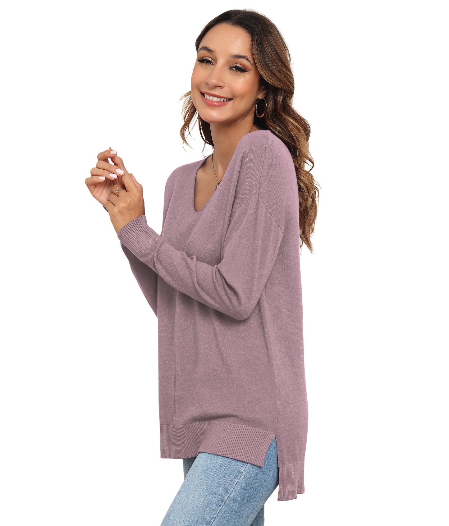 V Neck Sweaters for Women Fall Lightweight Knit Pullover Sweater Blouse,Us Size Xx-Large in Purple Gray