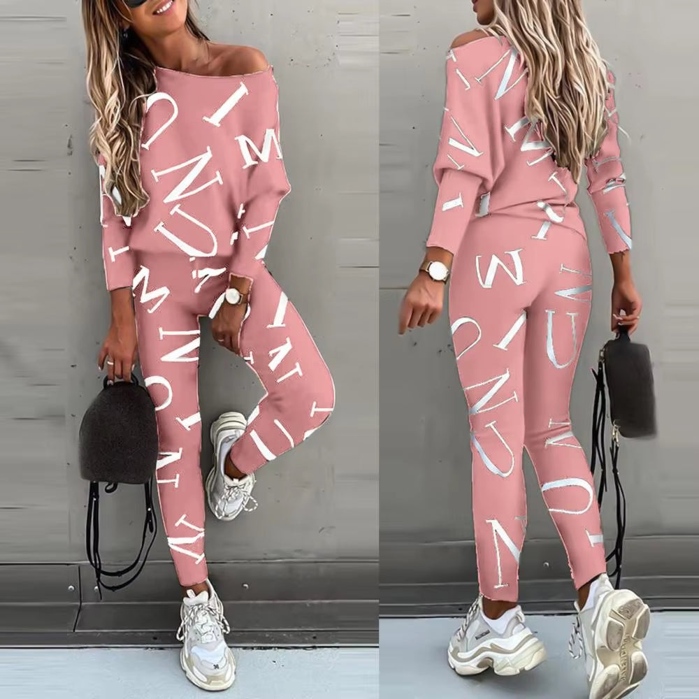 2022 Spring Autumn Casual Outfit Letters Print Long Sleeve Top Spring Women Blouse Pants Tracksuit for Sports 2 Pieces Sets