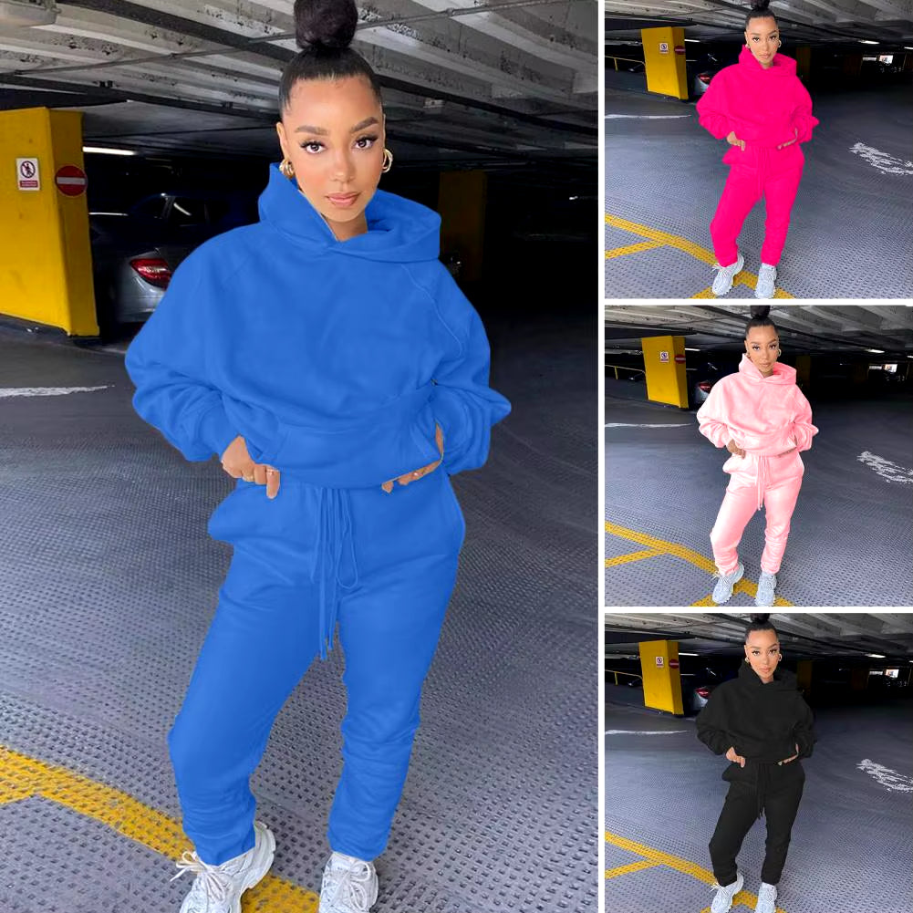 Autumn Winter 2Pcs Set Women Tracksuit Fleece Long Sleeve Pullover Warm Top Hoodie+Jogger Pants Solid Outfit Sport Suit Sets