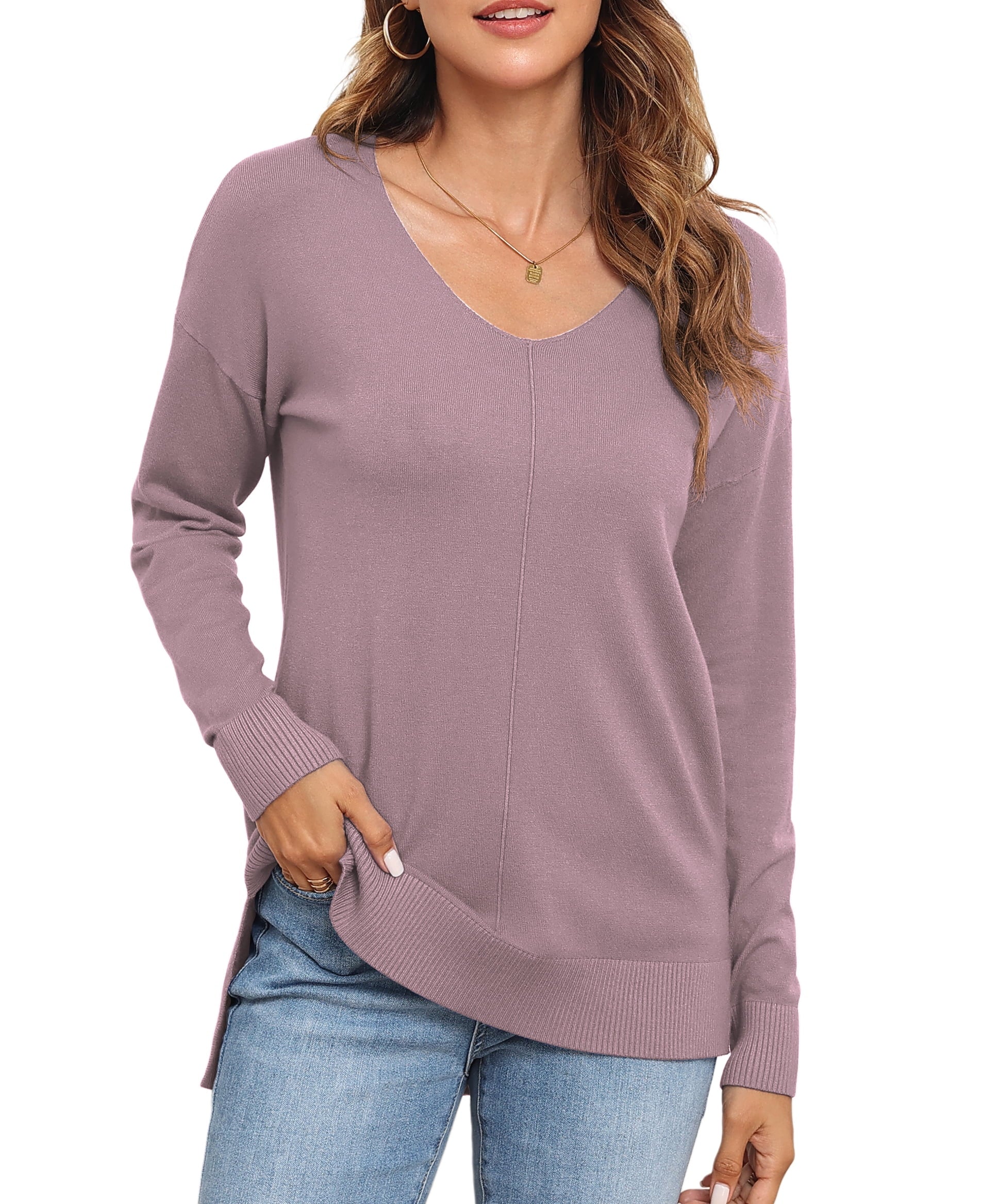 V Neck Sweaters for Women Fall Lightweight Knit Pullover Sweater Blouse,Us Size Xx-Large in Purple Gray