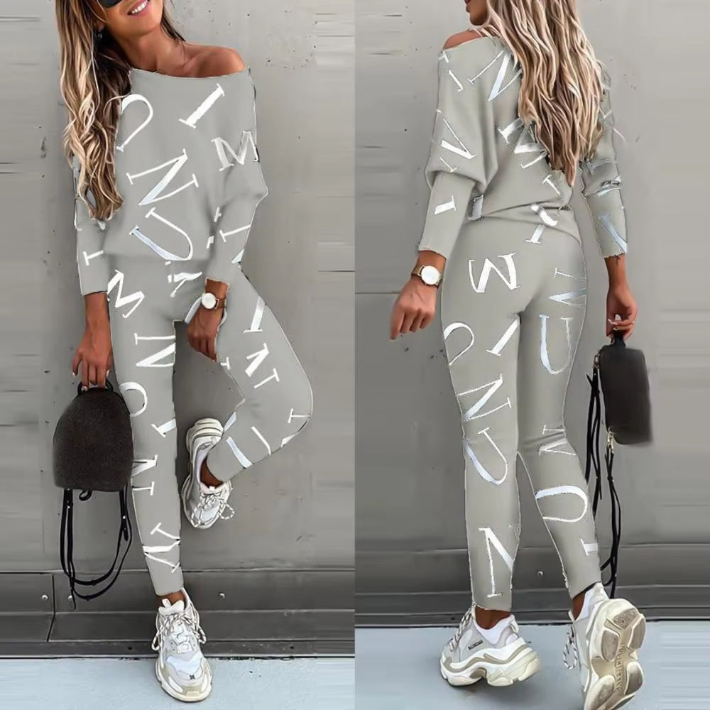 2022 Spring Autumn Casual Outfit Letters Print Long Sleeve Top Spring Women Blouse Pants Tracksuit for Sports 2 Pieces Sets