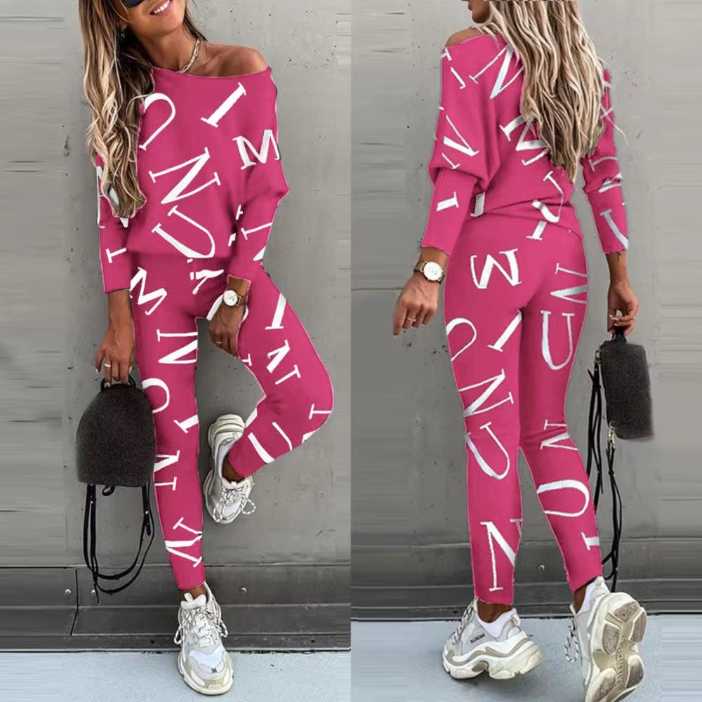 2022 Spring Autumn Casual Outfit Letters Print Long Sleeve Top Spring Women Blouse Pants Tracksuit for Sports 2 Pieces Sets